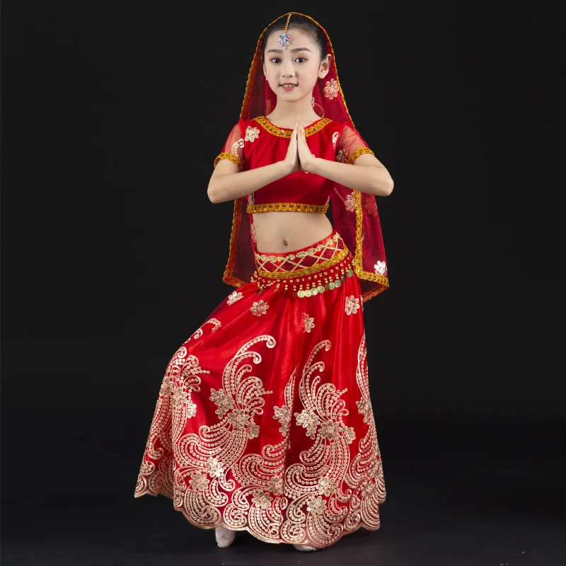 Girl Kids Belly Dance Indian Costume Set Oriental Dance Sari Bollywood Children Chiffon Performance Stage Outfit