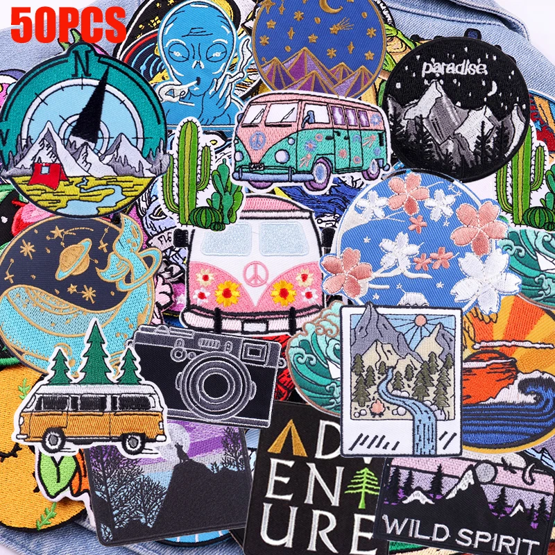 10/20/30/40/50PCS Random mixed Outdoor Patch Mountain Camping Adventure Embroidered Patch Iron On Patches Jackets Backpack DIY