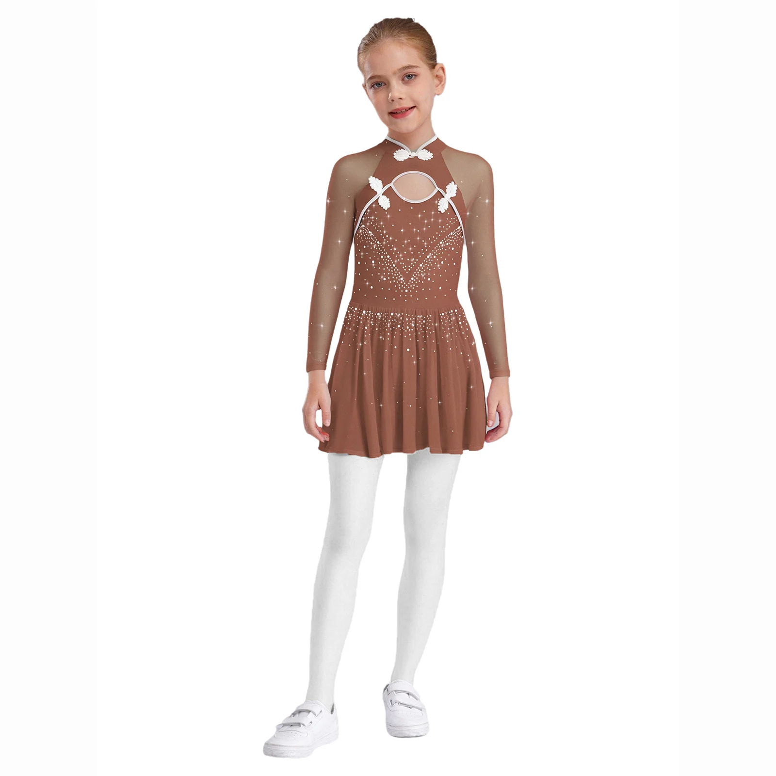

Kids Girls Lyrical Ballet Ballroom Dance Performance Dresses Knot Button Sheer Mesh Shiny Dress for Stage Ballet Modern Dance