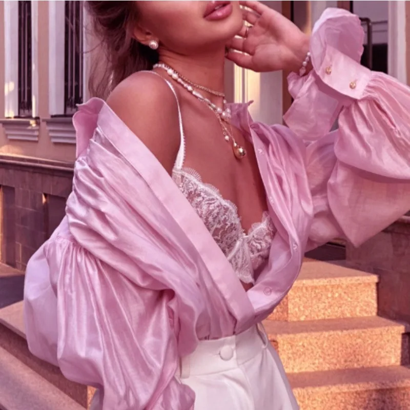 

Spring High-end French Top Sexy Perspective Solid Color Women's Shirt Shirt Women's Niche Temperament Is Light Thin Exquisite