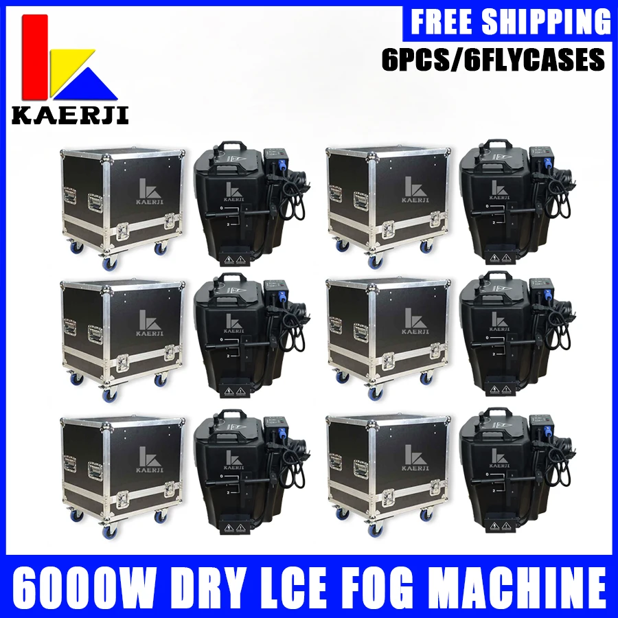 KAERJI 6Pcs DMX 6000W Dry Ice Fog Machine With 6Pcs Flycases Low Ground Lying Smoke Machine Stage Party Wedding Concert