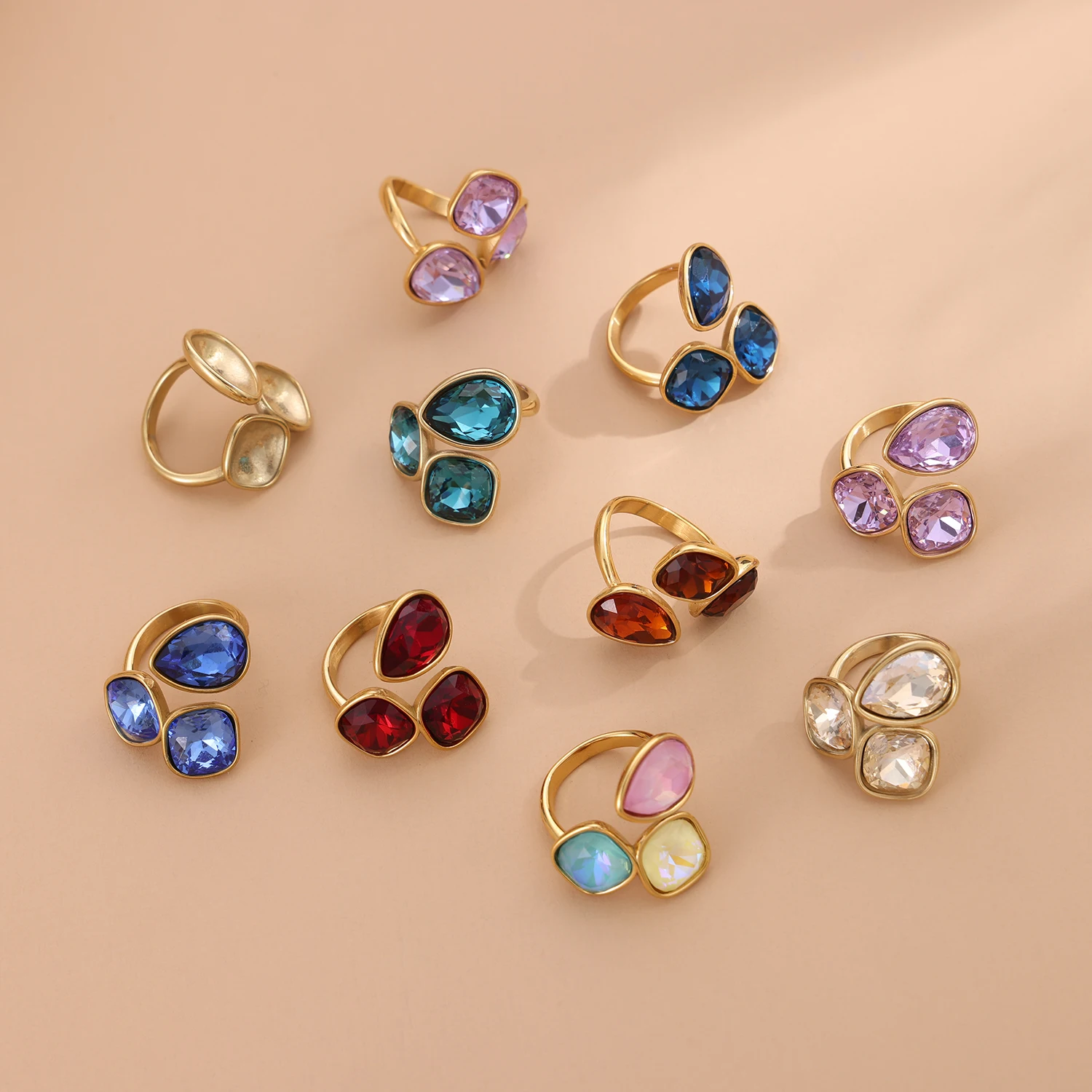18k gold color stainless steel ring with crystal ring for women light luxury high-grade color open stainless steel