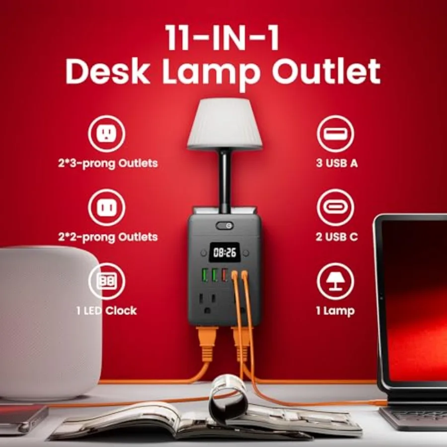 Lamp and Power Strip with Digital Clock, 4 Outlets 5 USB Ports 2 USB C,Dimmable Nightstand Light with 3 Color Temperatures, Mul