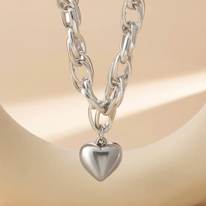Punk Love Heart Pendant Necklaces Fashion Hip Hop Double Layered Gold Silver Color Thick Chain Choker Necklace Party Jewelry