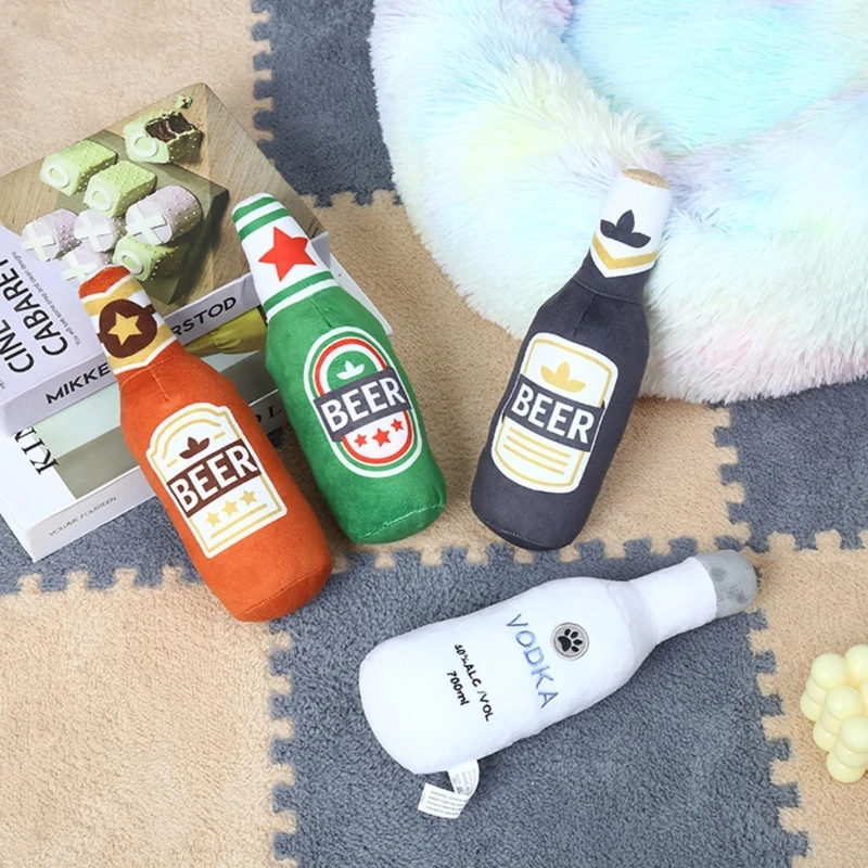 Juguete para perros con forma botella cerveza, tira y afloja con chirrido para perros pequeños y medianos, venta directa
