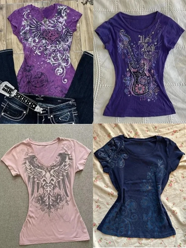 Summer Subculture Vintage Purple Print T-Shirt Women Y2k American Retro Slim Tees Casual Harajuku Grunge Fashion Tops New