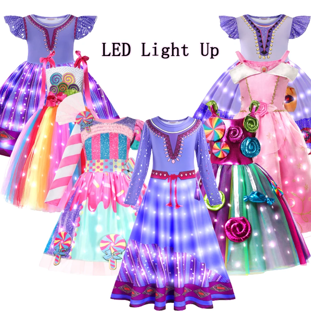 

Children Dress For Girls LED Light UP Wish Asha Candy Elsa Cosplays Princess Dresses Costume Christmas Carnival Disney Costumes