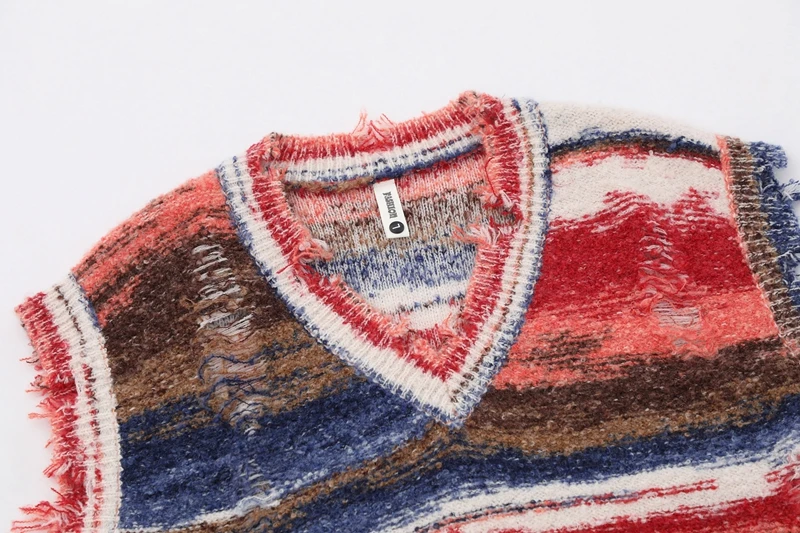 Vintage Farbverlauf Gestreifter Baggy Strickpullover Weste Gewaschener Lässiger Zerrissener Pullover Y2k V-Ausschnitt Ärmellose Strickware Workout – Detail 17