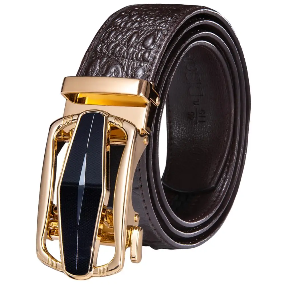 Hi-Tie Men\'s Brown Belt for Jeans Luxury Cowhide Genuine Leather Belt Men Gold Automatic Buckle Cowboy Jeans Cool Belt Strap