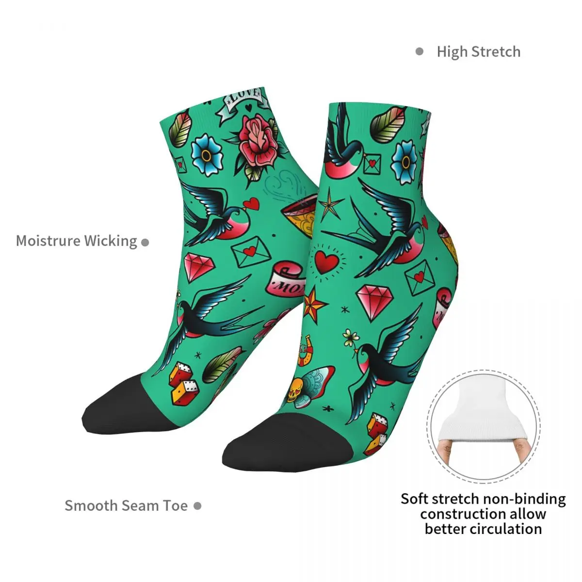 Old School Tattoo Stickers Of Swallows Diamonds Heart Rose Anchor Ankle Socks Male Mens Women Summer Stockings Hip Hop