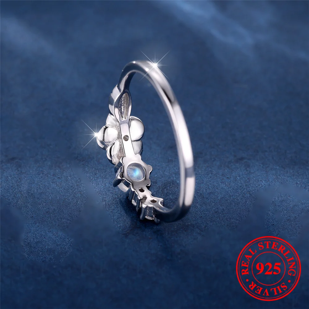 Cute Female Small Round Nature Moon Stone Flower Ring Vintage Real 925 Sterling Silver Wedding Jewelry For Women