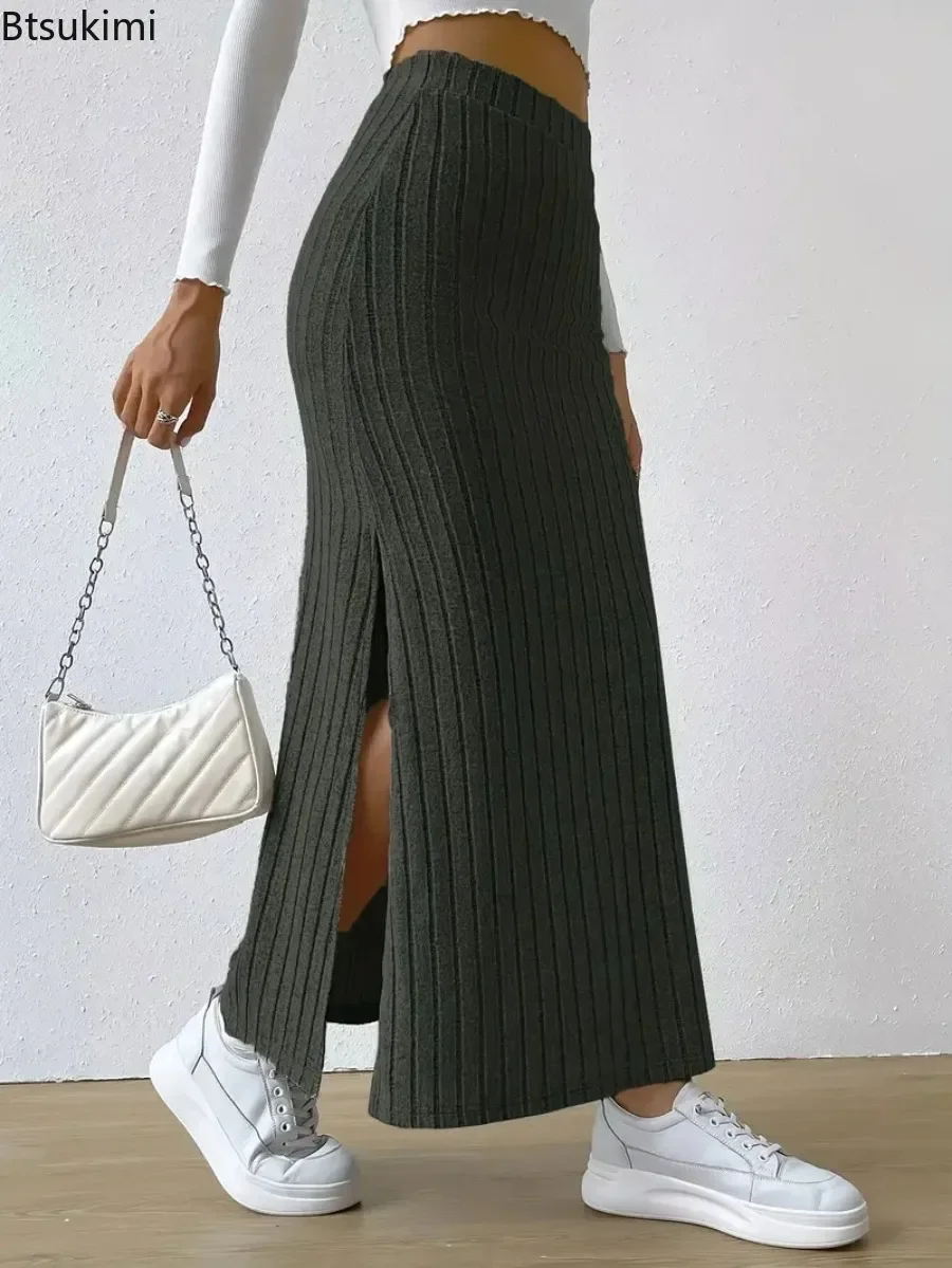 2025 Women's Elegant Knitted Long Skirt High Waist Maxi Skirt for Women Warm Winter Ankle Length Sheath Skirt with Split Hem New