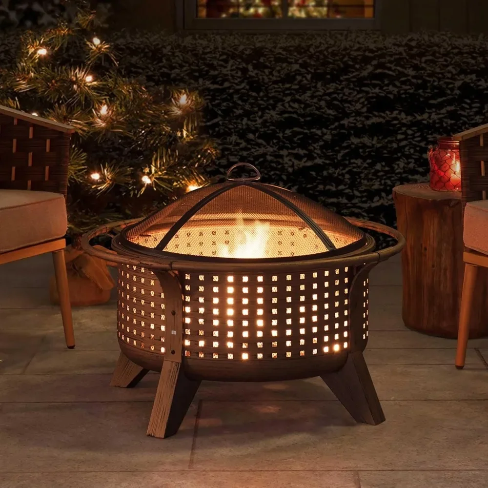 

Fire Pit 30 in. Outdoor Wood-Burning Fire Pit, Patio Woven Round Steel Firepit Large Fire Pits for Outside with Spark Screen and