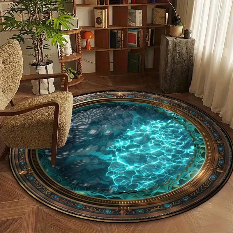 3D Illusion Water Rug, Round Blue Sparkling Pool Design Carpet Unique Home Decor Floor Mat for Living Room Bedroom