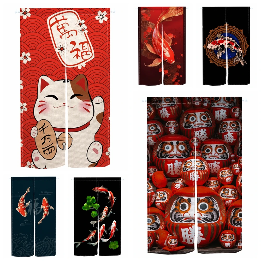 Chinese Ink Painting Koi Fish Door Curtain Japanese Noren Brings You Good Luck Bathhouse Partition Hanging Split Half-Curtain