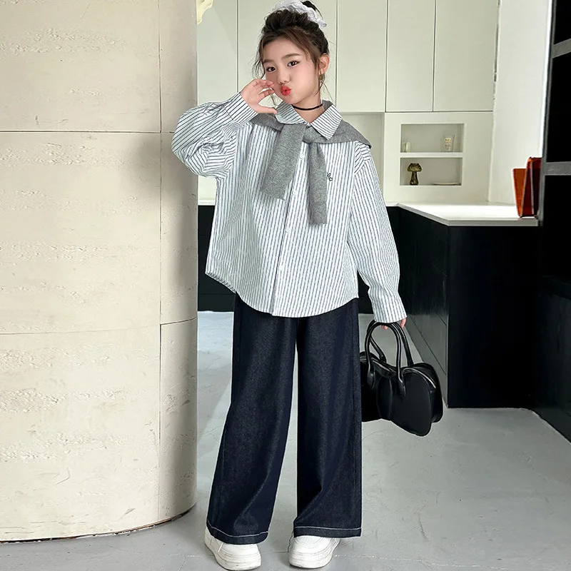 

Весенний комплект одежды для девочек-подростков, рубашка в полоску + вязаная шаль + широкие джинсы, комплект из 3 предметов, детские брюки, костюм, детская одежда Conjunto para meninas