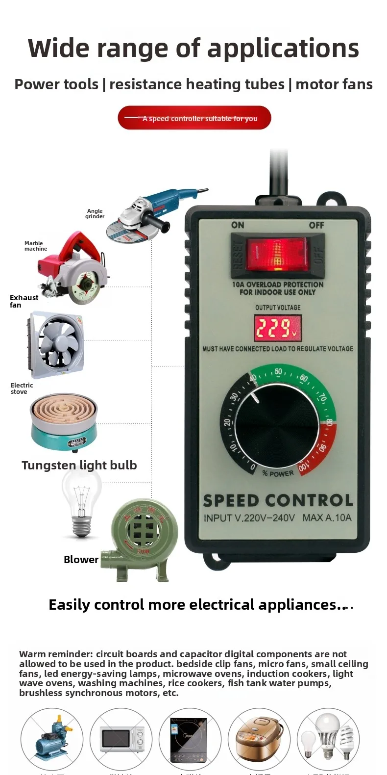 220V 110V Angle Grinder Governor, Speed Controller, Hand Drill Polishing Machine Fan Continuously Variable Speed Control Switch