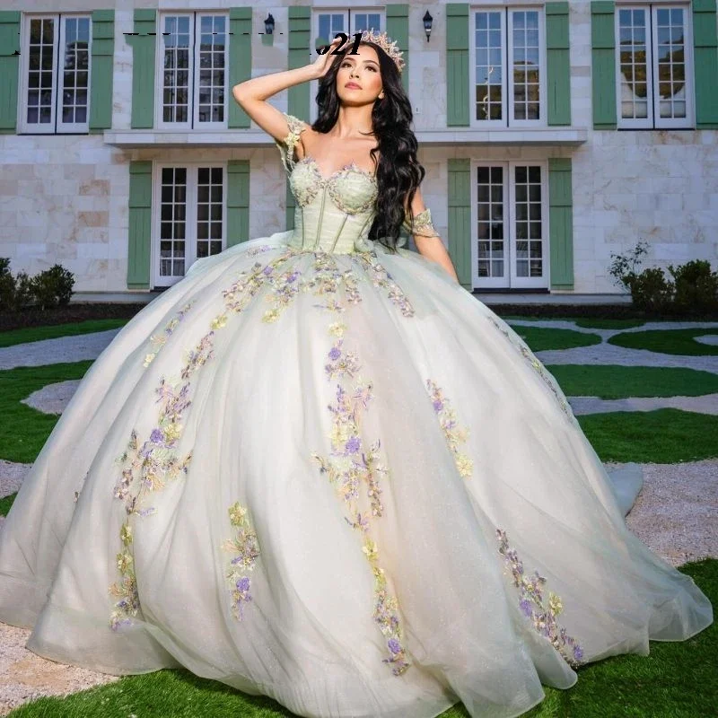 فساتين الأميرة Quinceanera للفتيات ، ثوب الكرة الأخضر الفاتح ، يزين الملونة ، قبالة الكتف ، حفلة المناسبات الخاصة