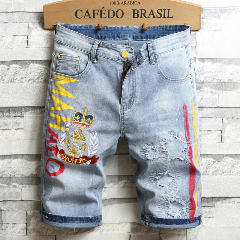 Summer New Denim Shorts Non-Mainstream Men Straight Pants Loose Large Size Ripped Patch Fashionable Embroidery Printed Jeans