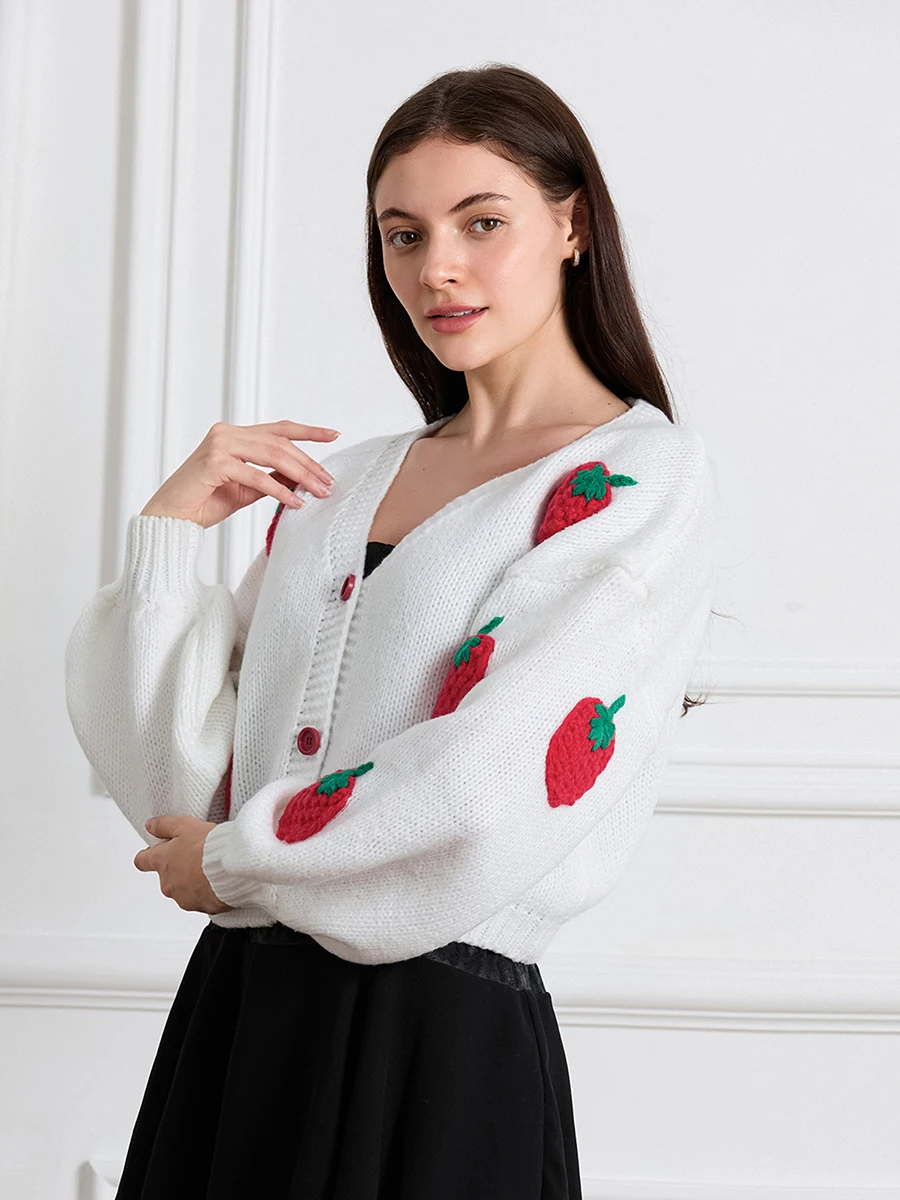 Women Long Sleeve Open Front Fruit Knitted Crop Cardigan Fashion V Neck Button Down Cable Knit Sweaters Cute Casual Jumpers Top