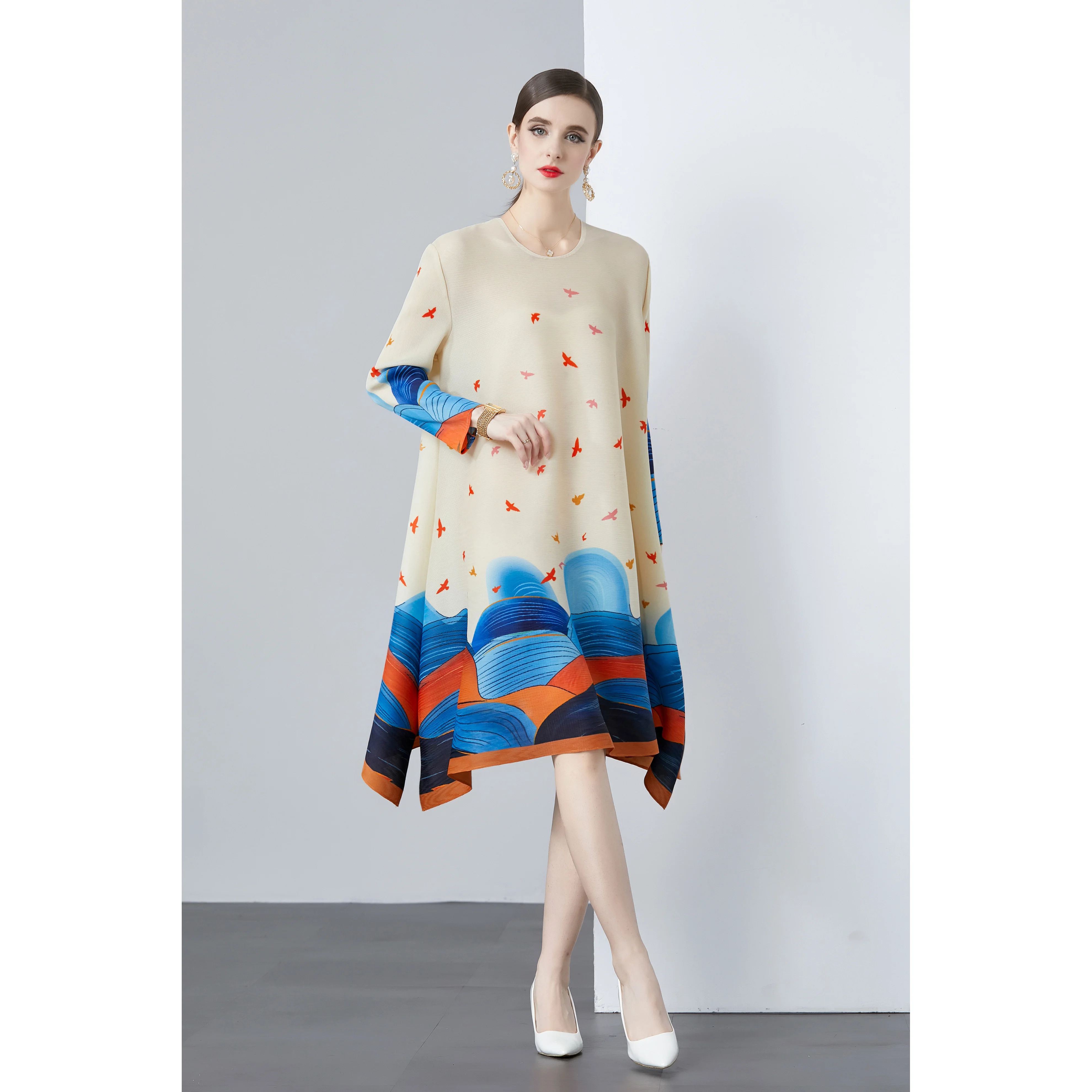 Miyake Pleated Plus Size Women's Mid-length Loose and Slim Printed Spring and Summer Round Neck A-line Skirt High-end Splicing