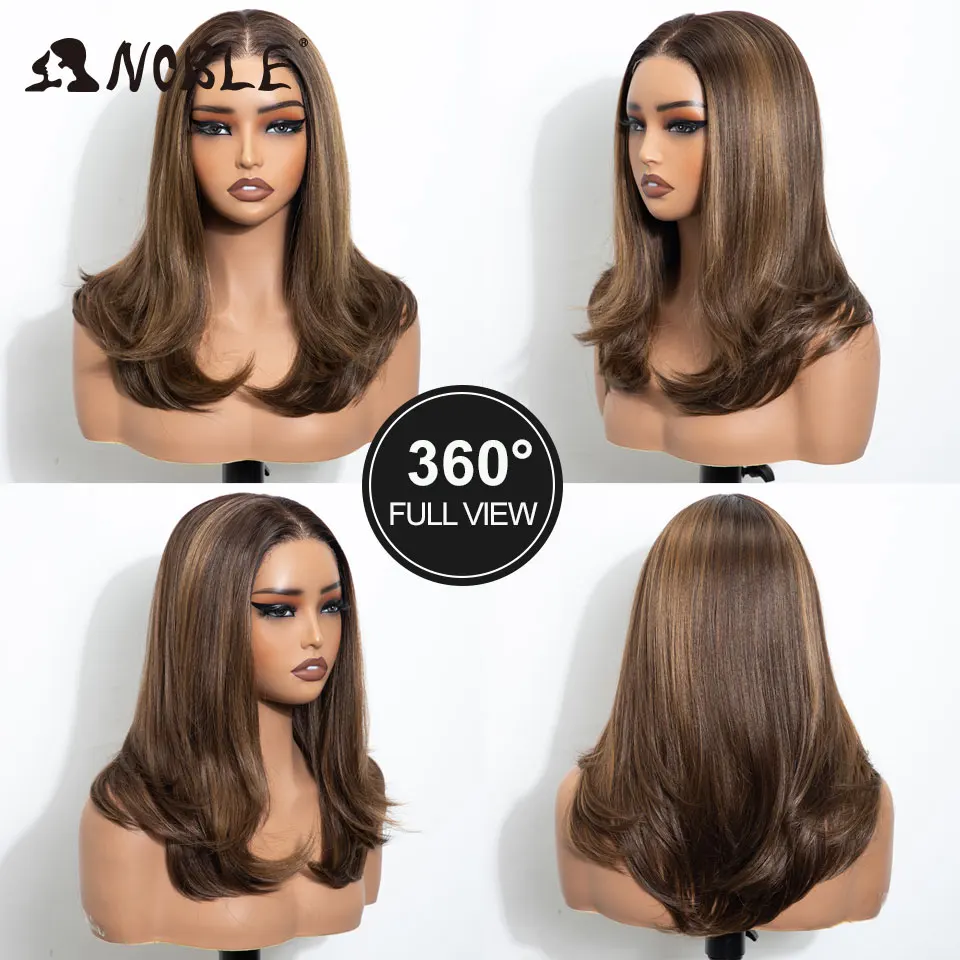 Noble 16-Zoll-Bob-Synthetikperücke mit Lace-Front, 13x3, vorgezupft, freier Scheitel, Ombre Braun-Blond, hitzebeständige Cosplay-Perücke für Damen – Detail 5