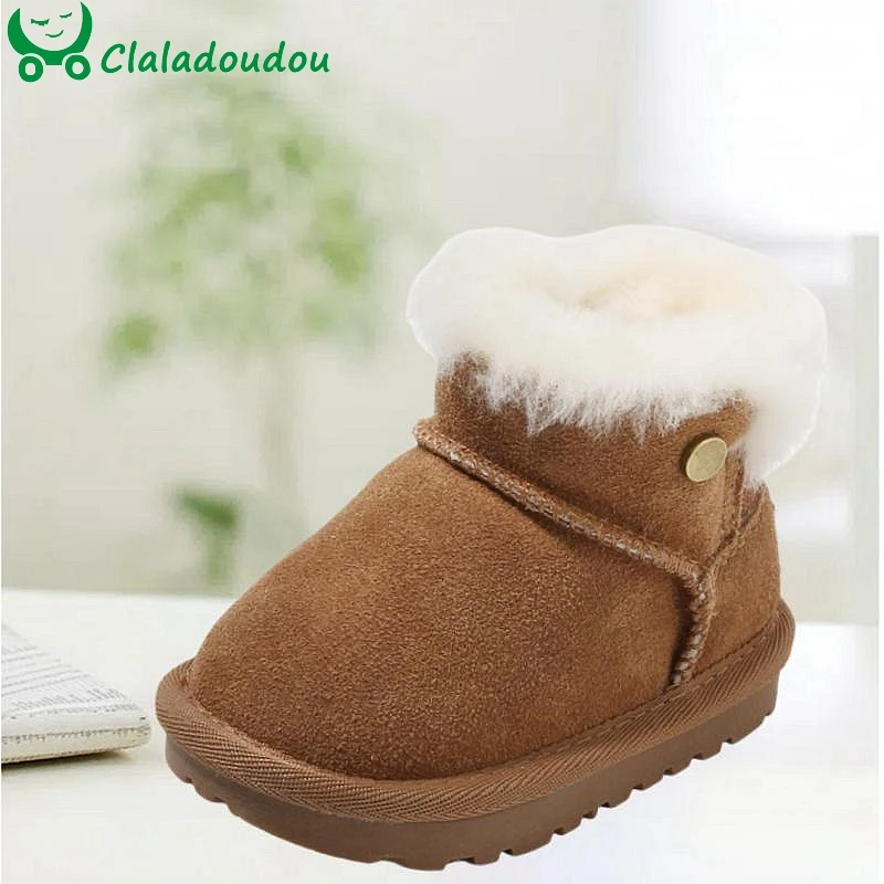 

Claladoudou Genuine Leather Snow Boots For Toddler Girls Baby Boys Suede Solid Worm Thick Plush Winter Shoes,Enfant Walkers