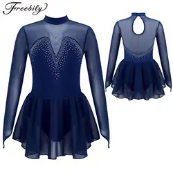 Kids Girls Figure Skating Dance Dress Long Sleeve Shiny Rhinestone Mesh Ballet Gymnastics Leotard Dresses Competition Dancewear