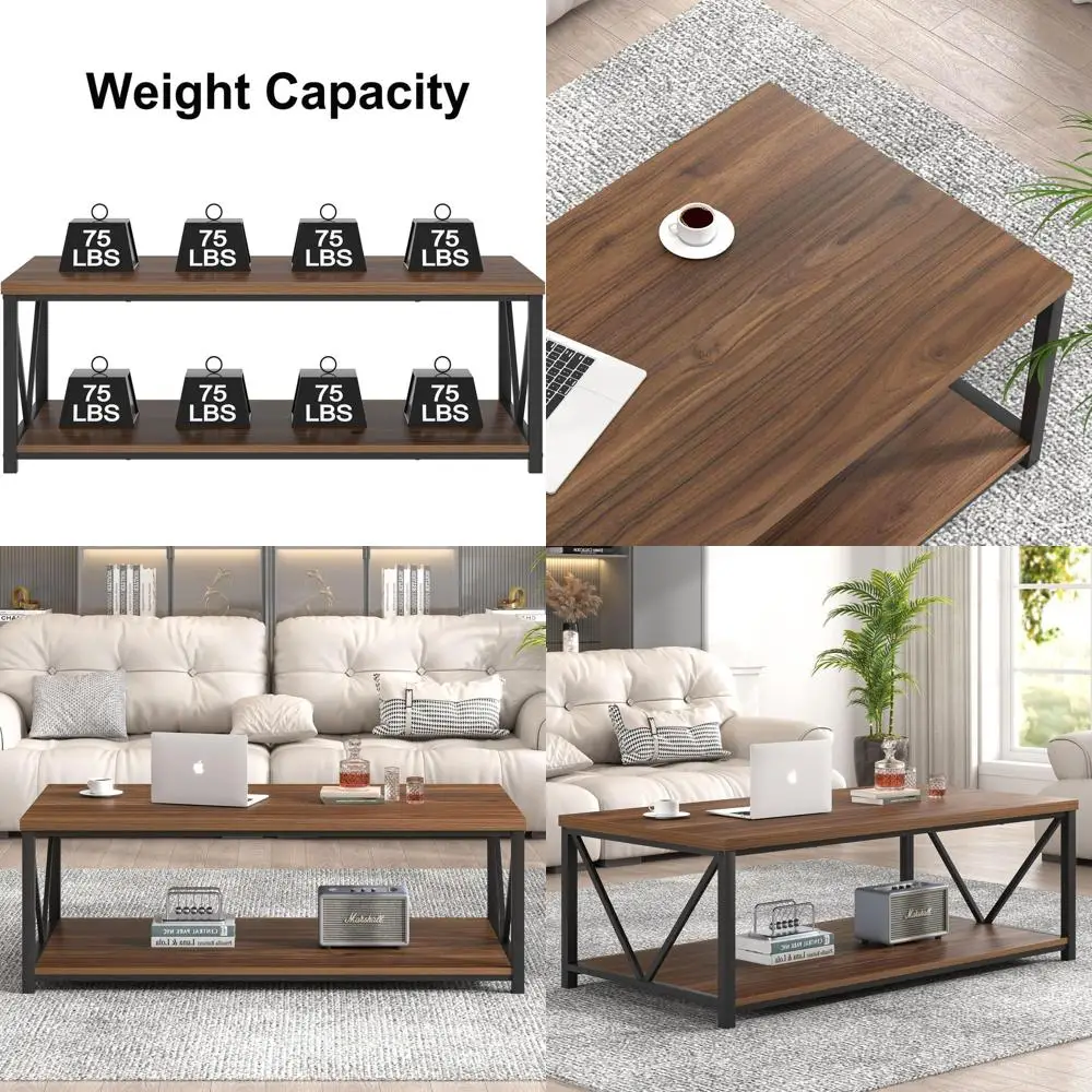 

Rustic Walnut Industrial Coffee Table with Storage, 47 Metal & Wood Centerpiece for Living Spaces