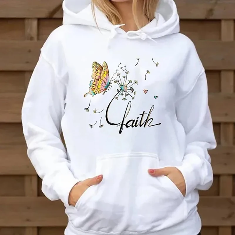 

Women's New Fashion Faith Butterfly Floral Hoodie Women's Casual Outdoor Comfortable Long Sleeve Autumn and Winter Sports Pullov