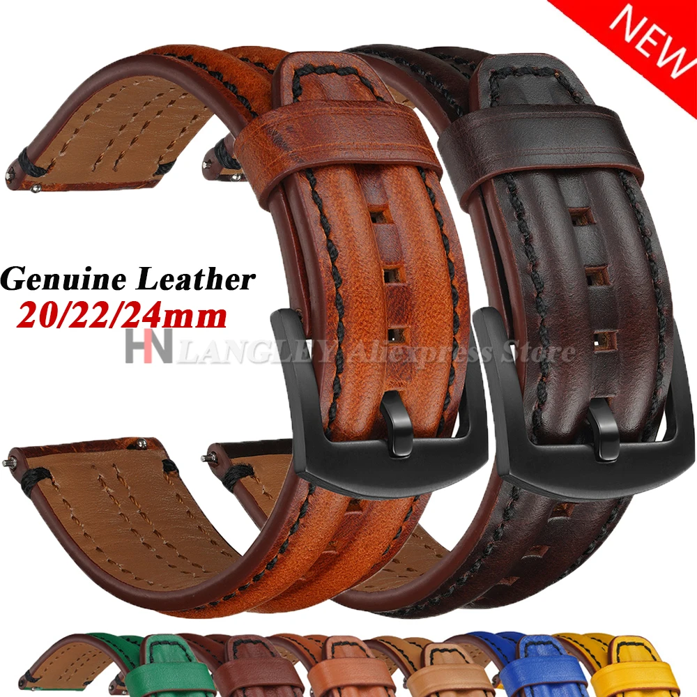 Vintage Genuine Cowhide Leather Watch Strap for Samsung Galaxy Watch 7/6/5/4 for Omega 20mm 22mm 24mm Rugged Double Bone Bands