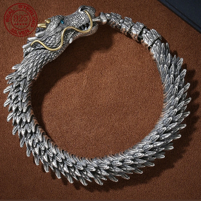 

100% Solid S925 Sterling Silver Carry Certificate 10MM Hiphop Hipster Unisex Solid Silver Dragon Bracelet Jewelry