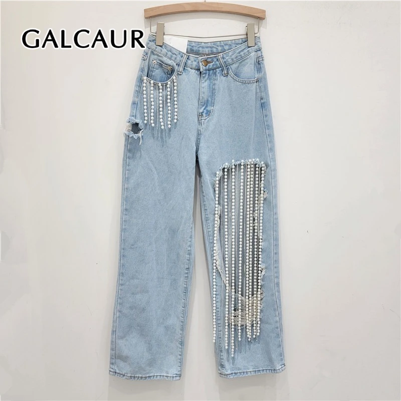 

GALCAUR Solid Spliced Chains Elegant Jeans for Women High Waist Patchwork Hole Casual Wide Leg Jean Female Fashion Clothing New