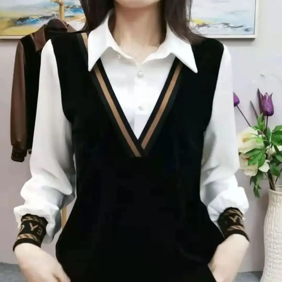 Fashion Lapel Spliced Button Fake Two Pieces Blouses Women's Clothing 2023 Autumn Winter New Elegant Tops Office Lady Shirts