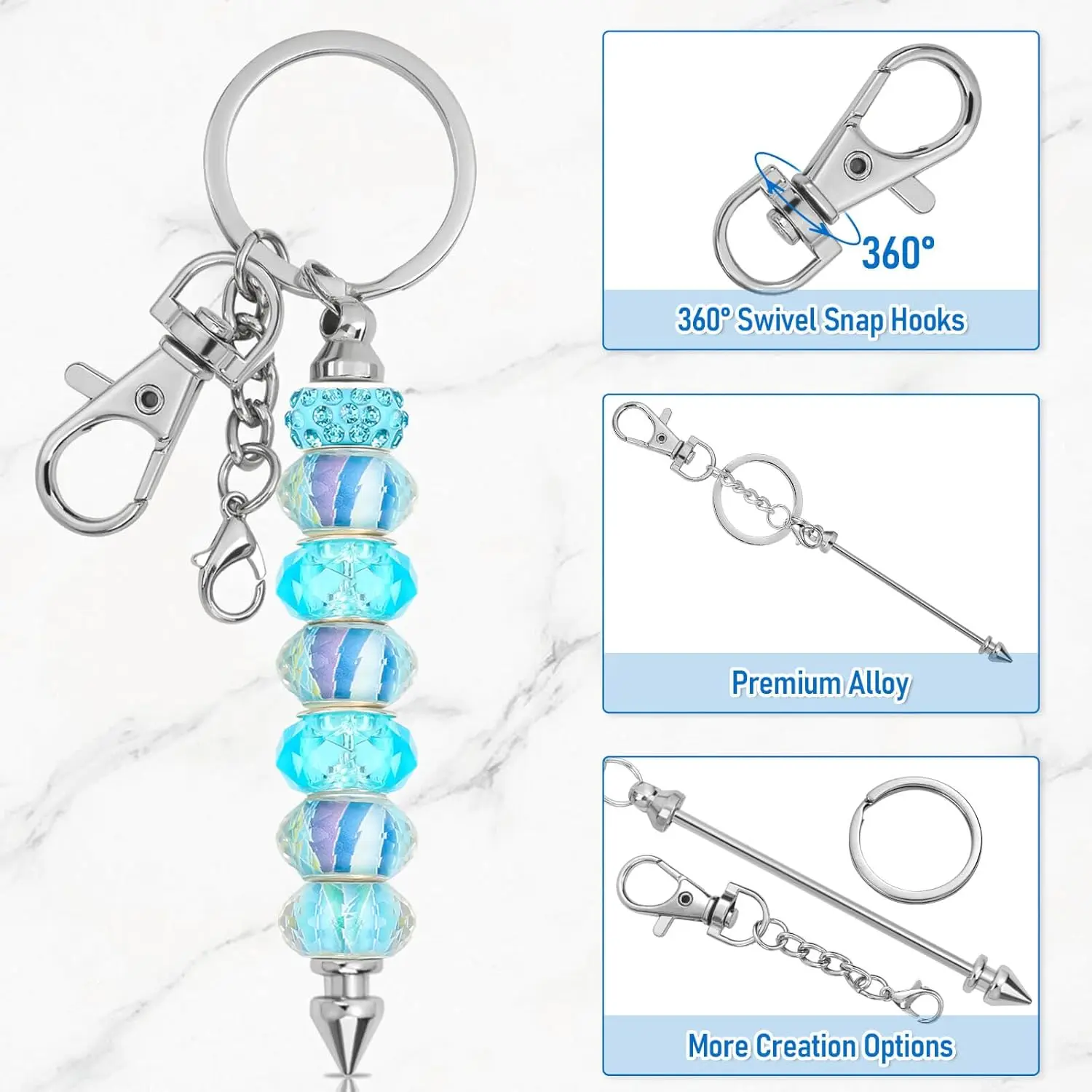 Picture 4: 1-4Pcs Beadable Keychain Bar Beaded Keychain for Pendant DIY, Alloy Blank Keychain Accessories Bulk for Keychain Making Supplies