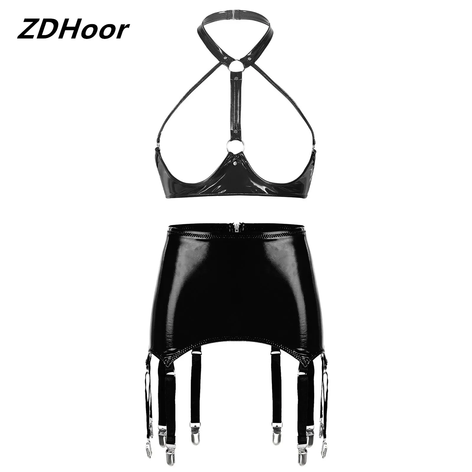 

Women Wet Look Patent Leather Lingerie Set Show Costume Sleeveless Halter Neck Backless Open Bust Bra Tops with Zipper Garters