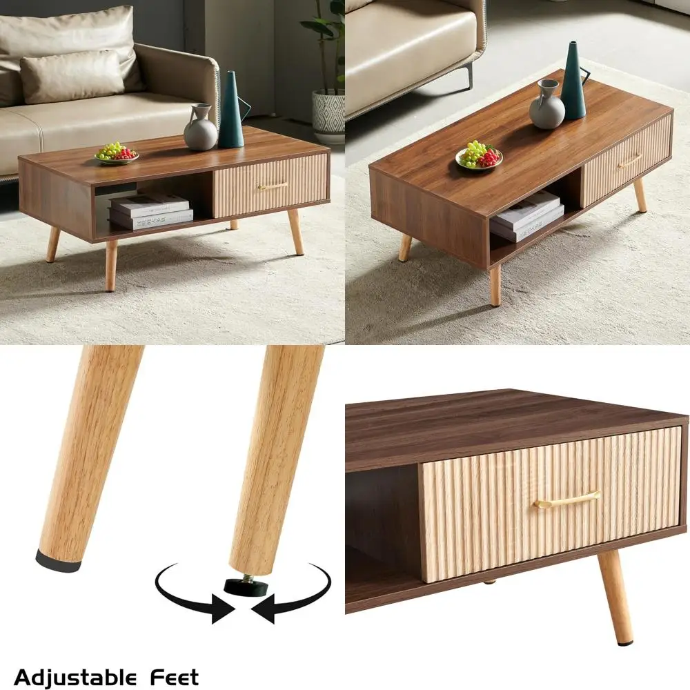 

Mid-Century Walnut Rectangular Coffee Table with Striped Drawer Storage