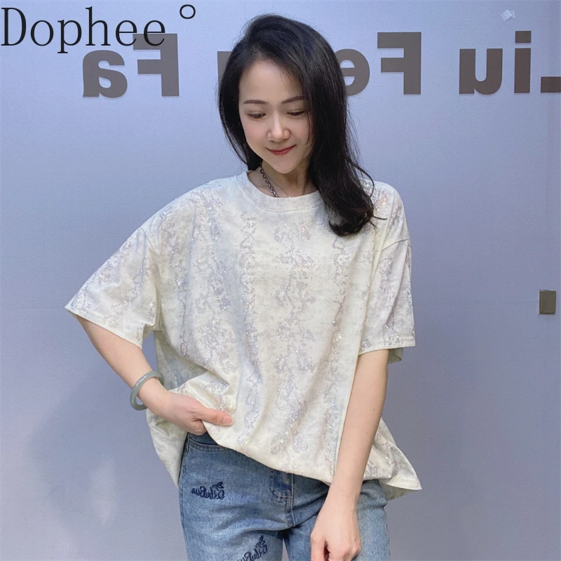 

Shiny Hot Drilling Pink T-shirt for Women 2025 New Summer All-match Loose O-neck Basic Top Diamonds Casual Short Sleeve T Shirts