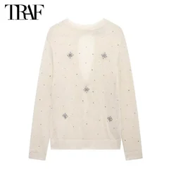 TRAF Hollow out  Rhinestone Cardigan for Women Knitted Back Button Sweaters Summer Knitwear Tops 2024 Long Sleeve Cardigan Women