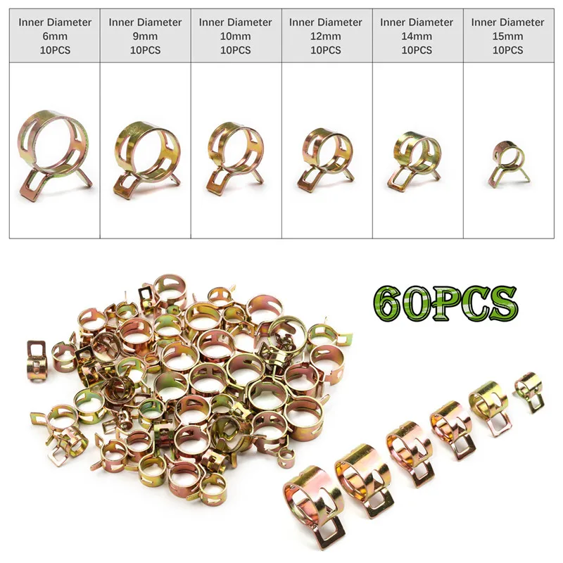 60PCS Or Pliler Spring Band Type Vacuum Hose Pipe Clamp Low Pressure Air Clip Clamp 6mm/9mm/10mm/12mm/14mm/15mm Hose Pipe Clamp