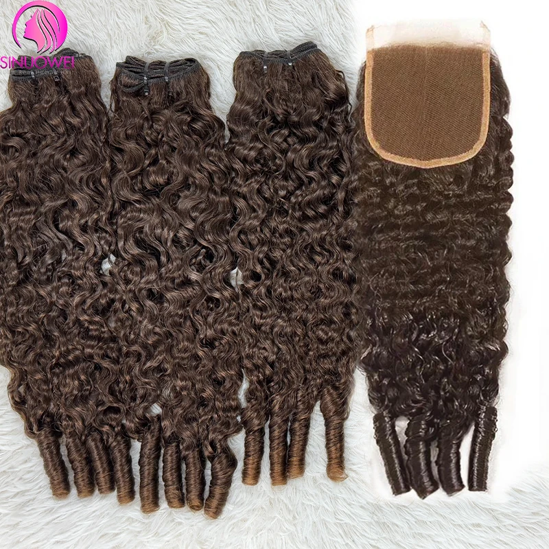 Chocolate Brown Burmese Curly Human Hair Bundles with Lace Closure, 4 Pack