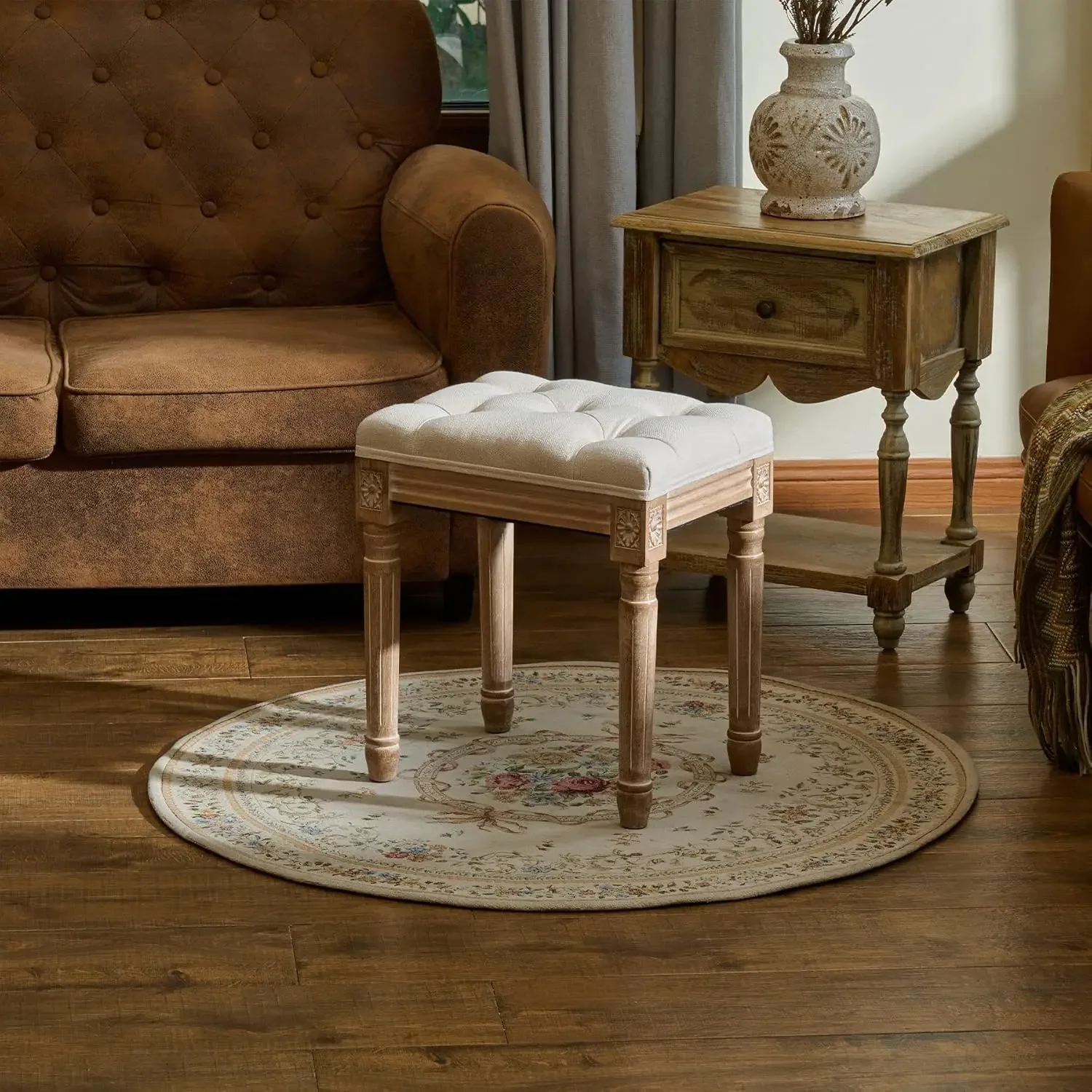 

Ottoman Stool, 18.5 in High, Beige, with Padded Seat, Wood Frame, Button Tufted, for Dining, Living Room, Bedroom