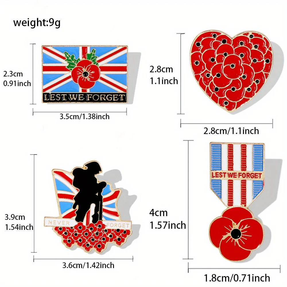 1pc Lest We Forget Pin Poppy Flower Brooch Heart Lapel Hat Bags Badge Brooch Decorations Memorial Day Gifts