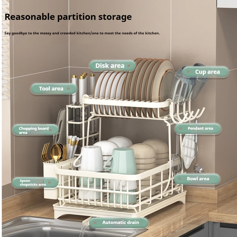 2Tier Dish Organizer withKnife Fork Cutting Board and Water collection tray Kitchen Storage Rack Countertop Space-saving Black