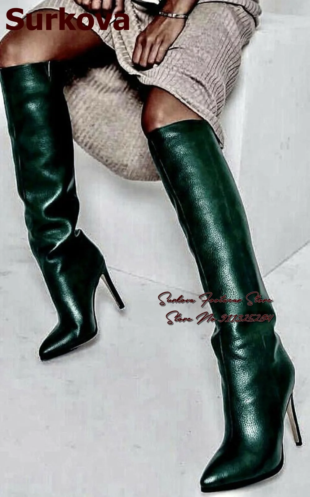 Surkova Blackish Green Matte Leather Knee Boots Stiletto Heels Pointed Toe Long Boots Dark Green Sexy Dress Shoes Size46