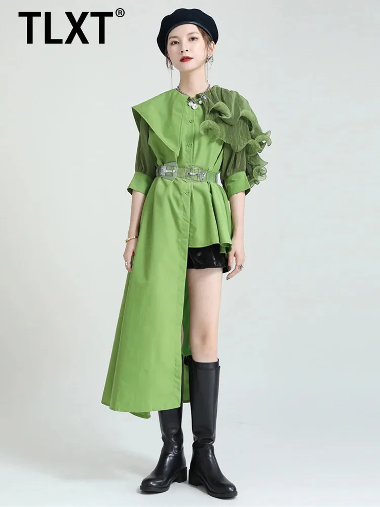 

TLXT Women's Green Irregular Pleated Blouse New Lapel Long Sleeve Loose Fit Shirt Female Fashion Spring Autumn 2024 XK1307