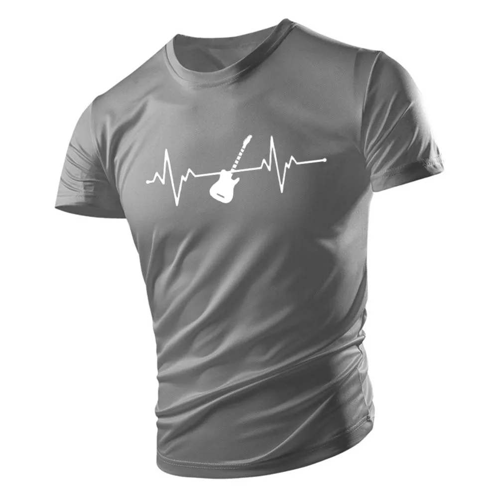 Guitar Ecg Printed Men\'S T-Shirt Summer New Casual Crewneck Loose Comfortable Quick Dry Short Sleeve Hip Hop Street Jogging Top