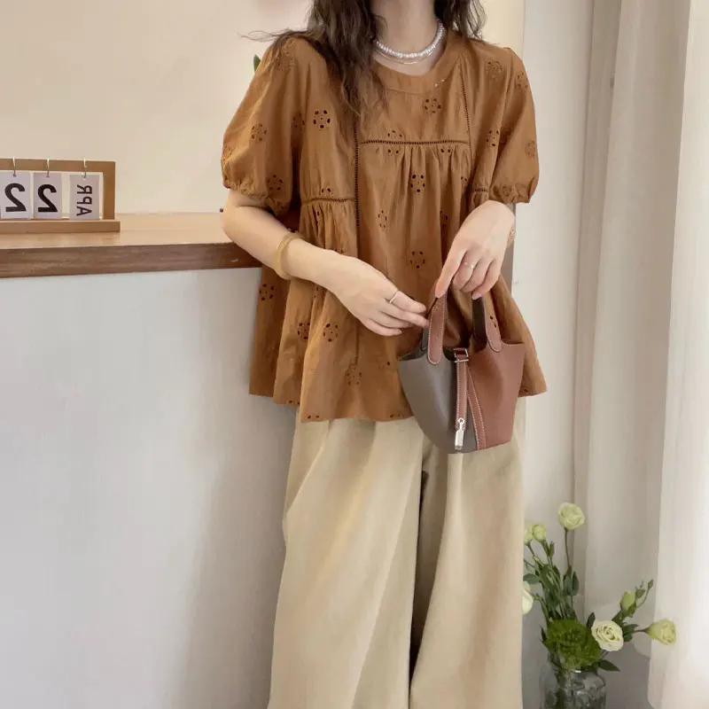 Basic Solid Color Korean Shirt Stylish Hollow Out Summer Casual Round Neck Female Clothing Loose Short Sleeve Vintage Blouse New