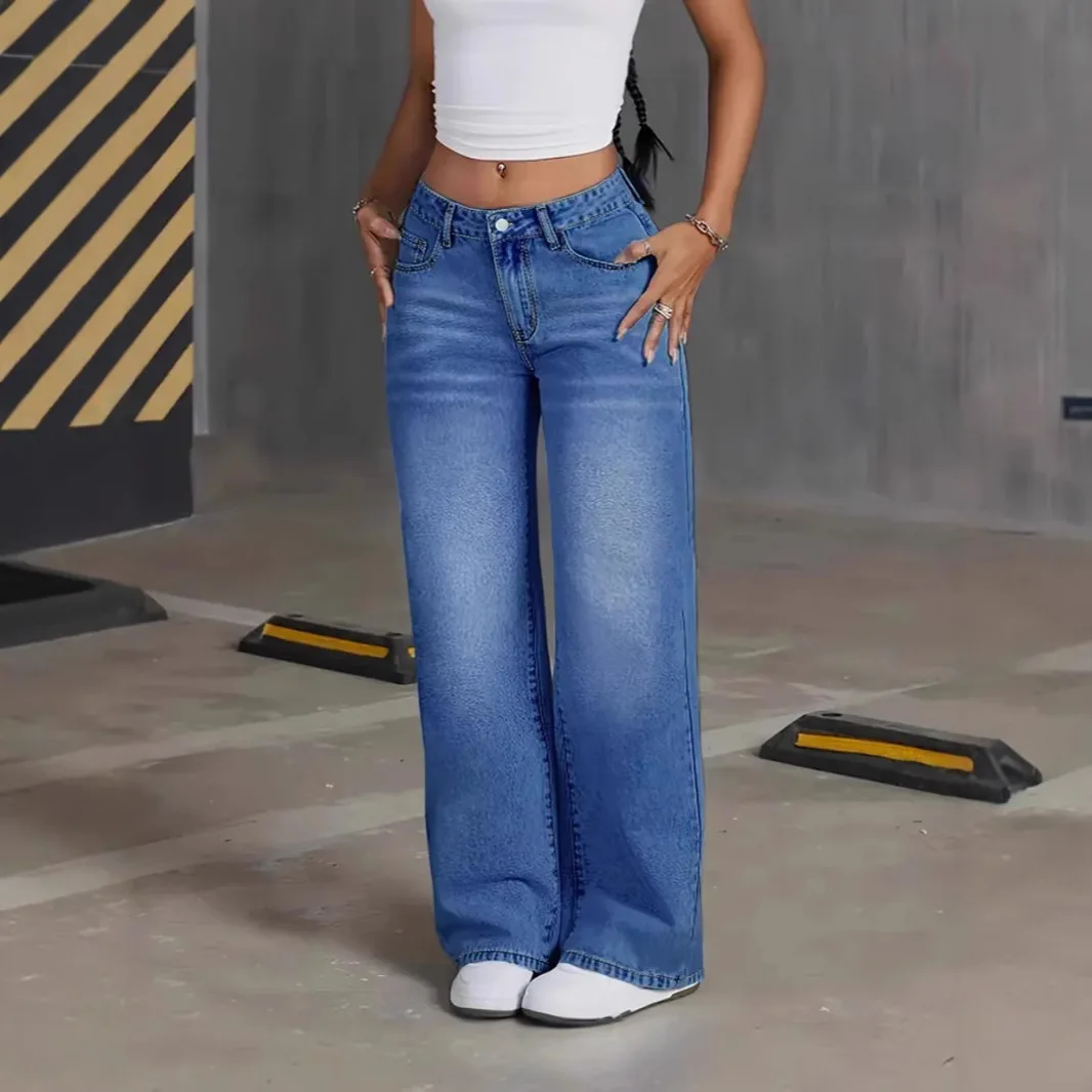 

Denim Pant Women Mom Jeans Wide Leg Long Pants High Waist Straight Trousers Y2k Streetwear Elegant Splice Club Punk Casual