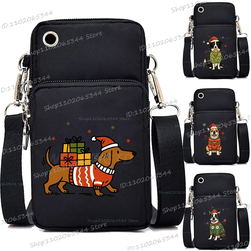 

Cartoon Animal Merry Christmas Mini Mobile Phone Bag German Shepherd Dachshund Corgi Print Wallet Purse Christmas Shoulder Bag